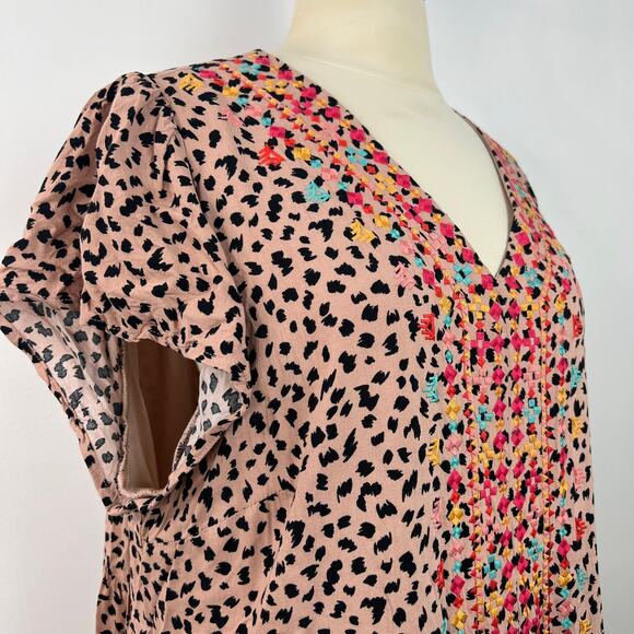 Savanna Jane Animal Print Embroidered Boho Shirt Dress Ruffle Hem Casual Size 1X - Picture 8 of 16
